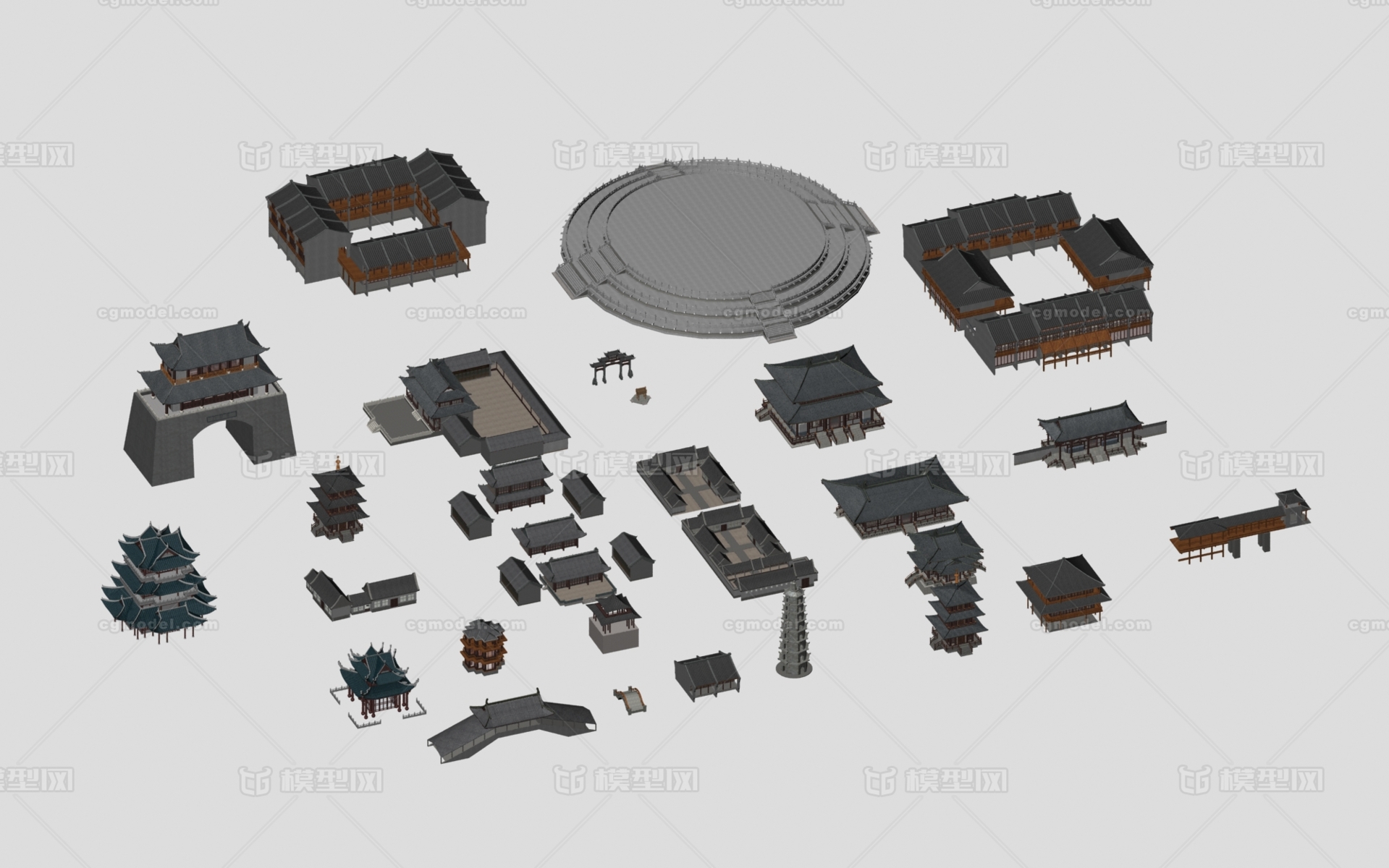 古建 塔 古建组合 古建元素 大殿模型-历史建筑模型库-3ds Max(.max)模型下载-cg模型网