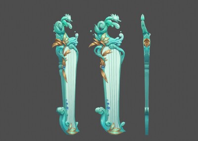 古琴 玉琴 玉龙 金镶玉 法宝 法器 写实风 中国风 手绘武器低模