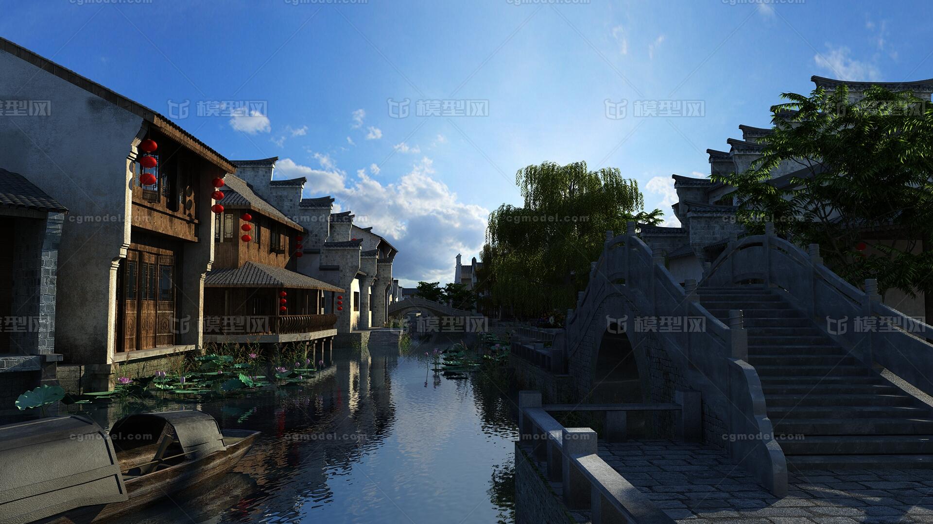 古建筑,仿古商业街,古城 ,古塔,河边古_diamondmine作品_场景古代场景