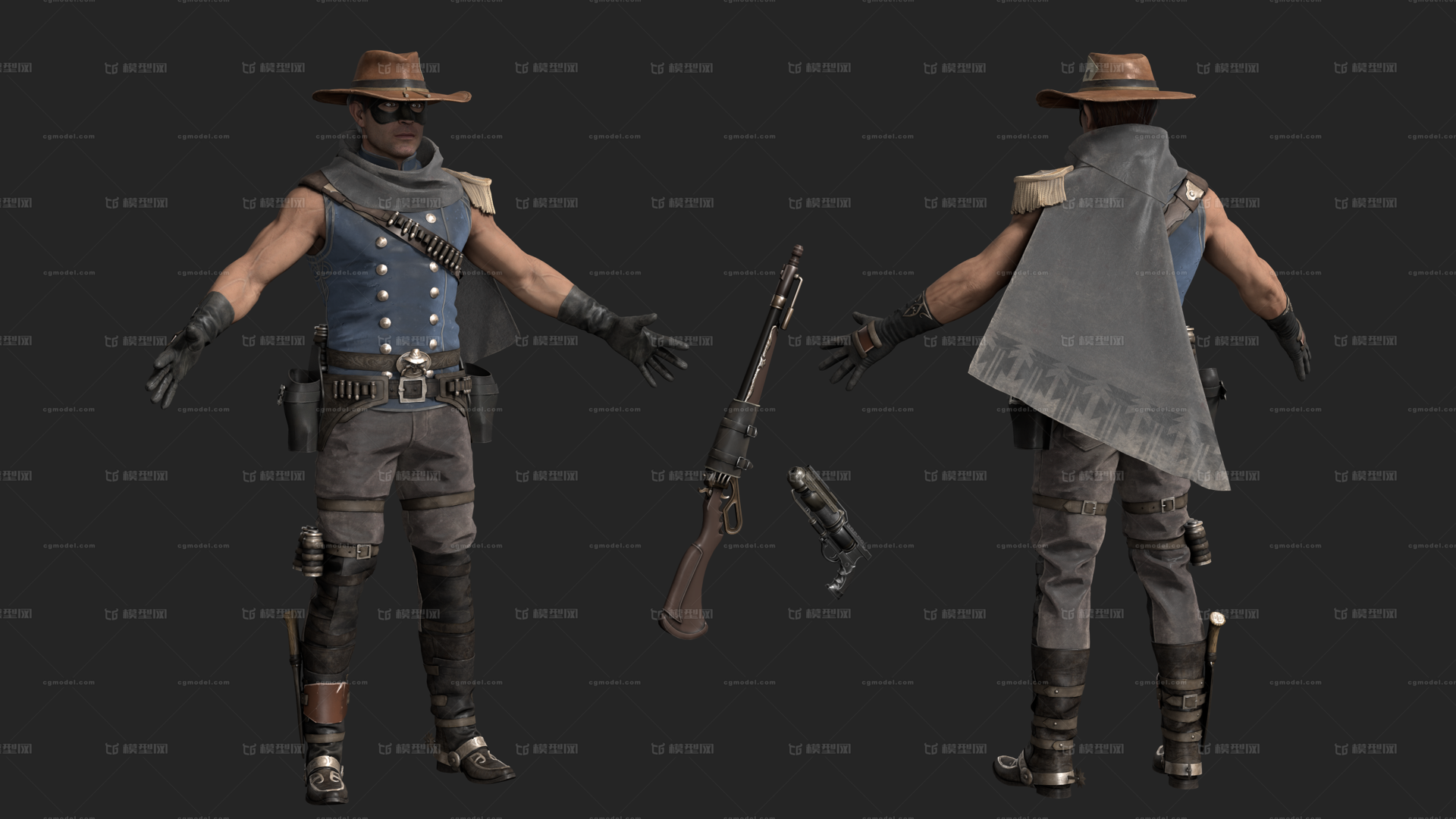 次世代pbr西部牛仔帽子步枪披风面具皮革子弹手枪手榴弹链手雷短刀