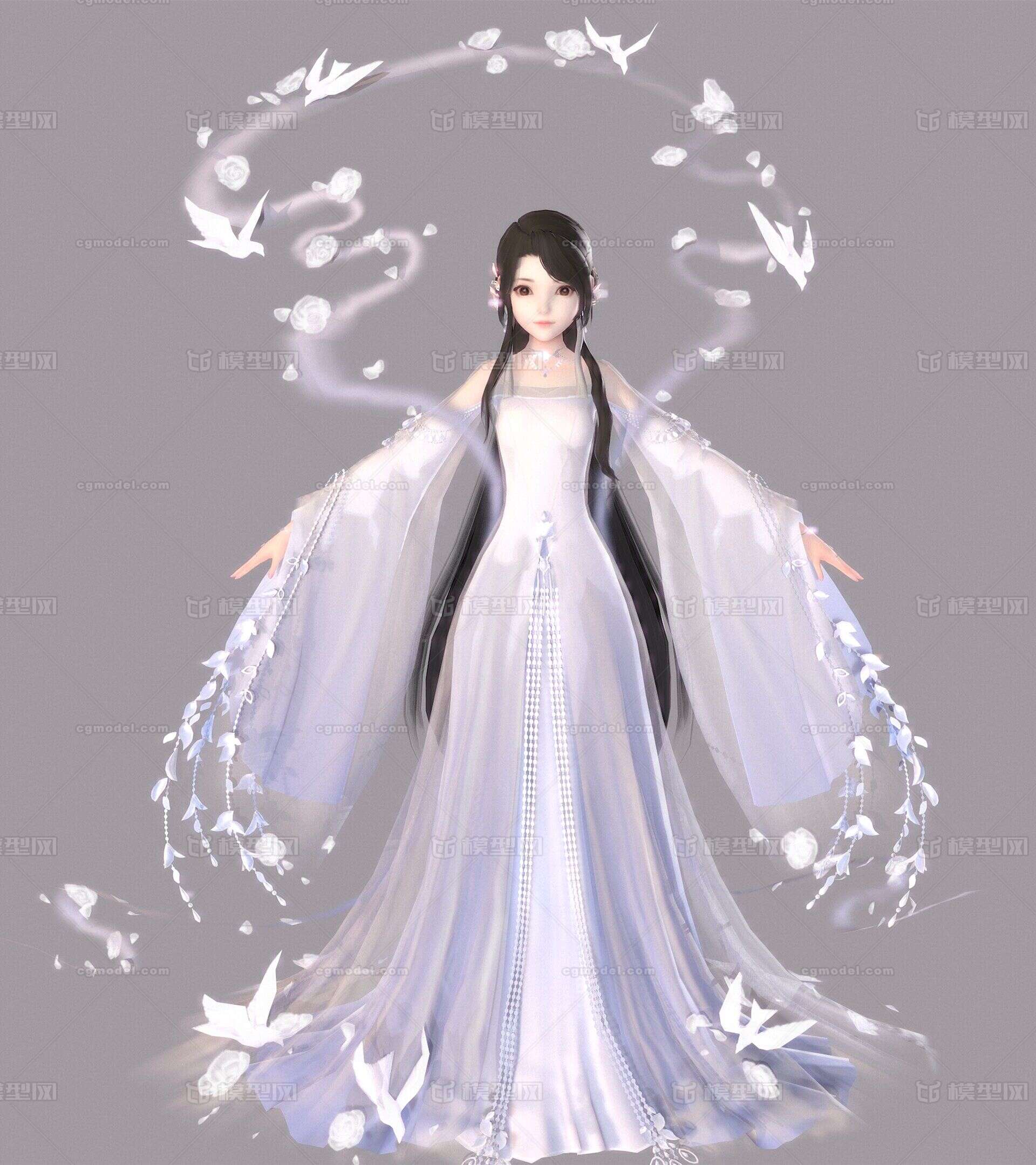 次世代PBR古装长裙汉服美女孩丝绸飘带少女生宫装唐装襦裙衫裙模型-女人模型库-3ds Max(.max)模型下载-cg模型网