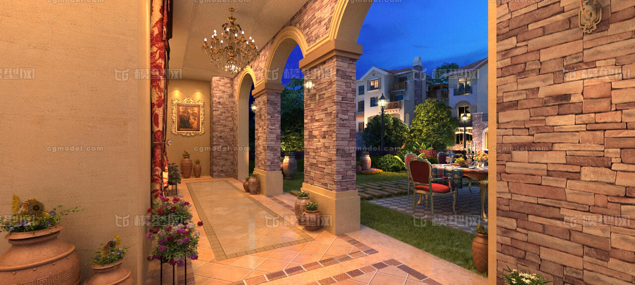 唯美别墅夜景庭院走廊 草地餐桌挂画中国红窗帘 欧式挂画吊灯陶罐