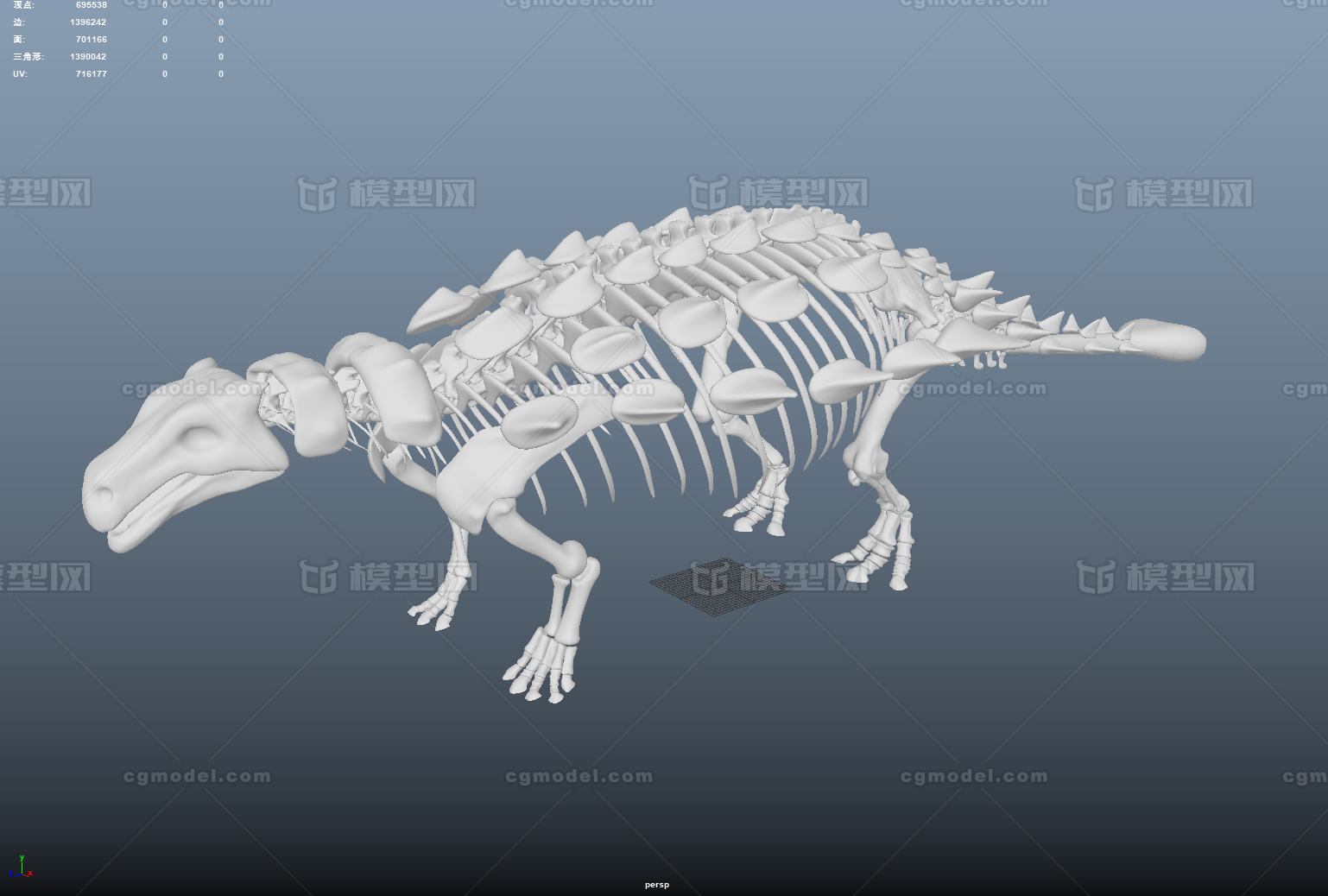 缙云甲龙模型 恐龙骨头 骨架 复原 化石 恐龙化石 白膜** 高模 fbx