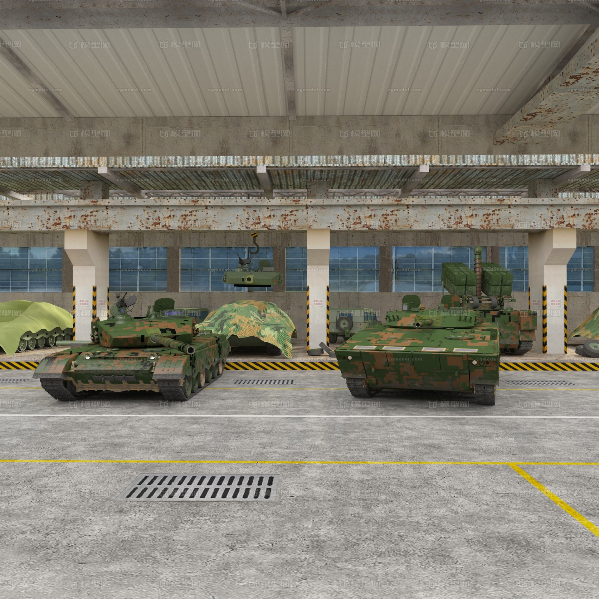 现代军事坦克军用车军事仓库