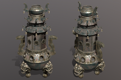 次世代pbr材质古代青铜圆鼎香炉 丹炉 炼丹炉 场景道具模型