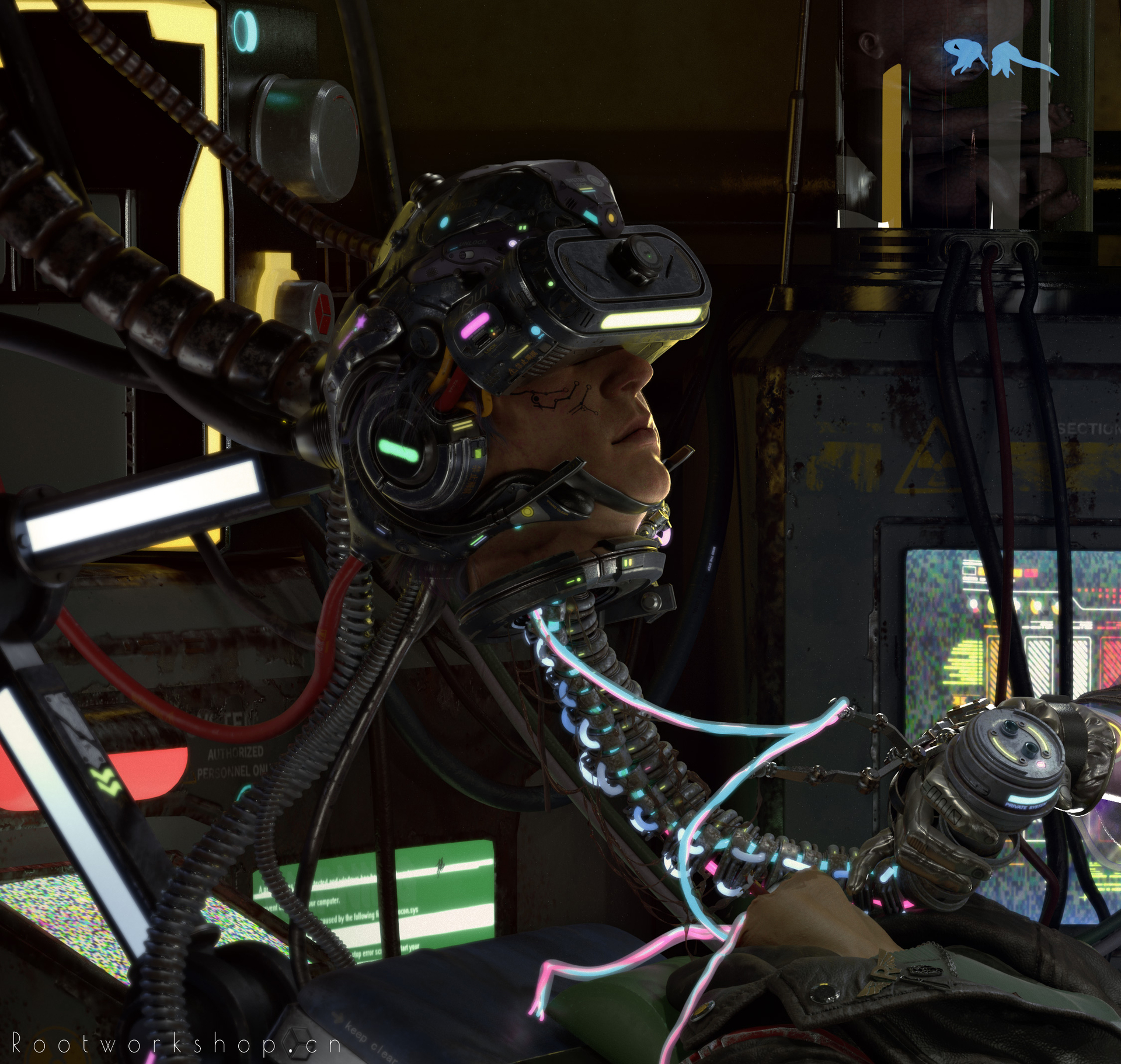 入特数码第八期实体班刘一原创的带有赛博朋克风格的毕业作品《重生》