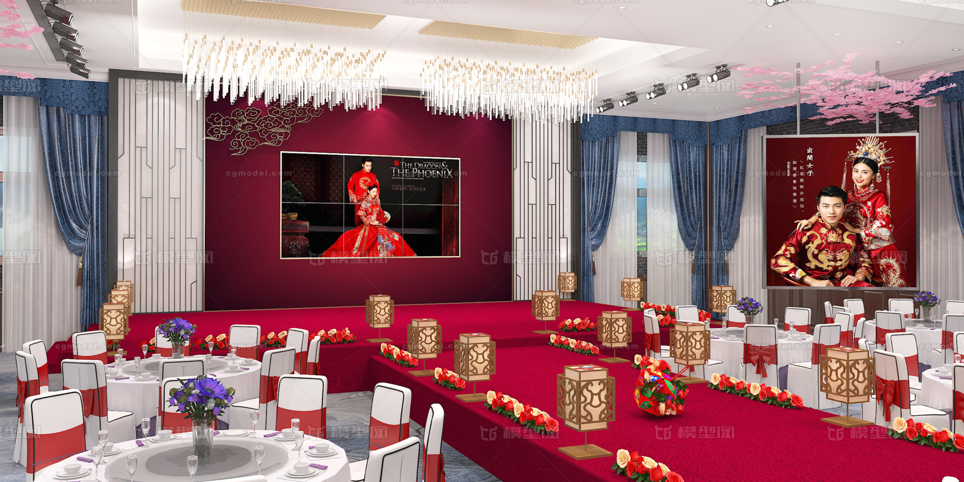 新中式 红色 金色 白色 简约 婚礼 宴会厅 酒席 舞台 餐厅 大厅 饭店