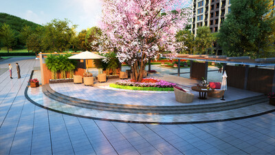 新中式园林现代园林 中国园林 小区 景观设计 樱花树 樱花 广场 中心