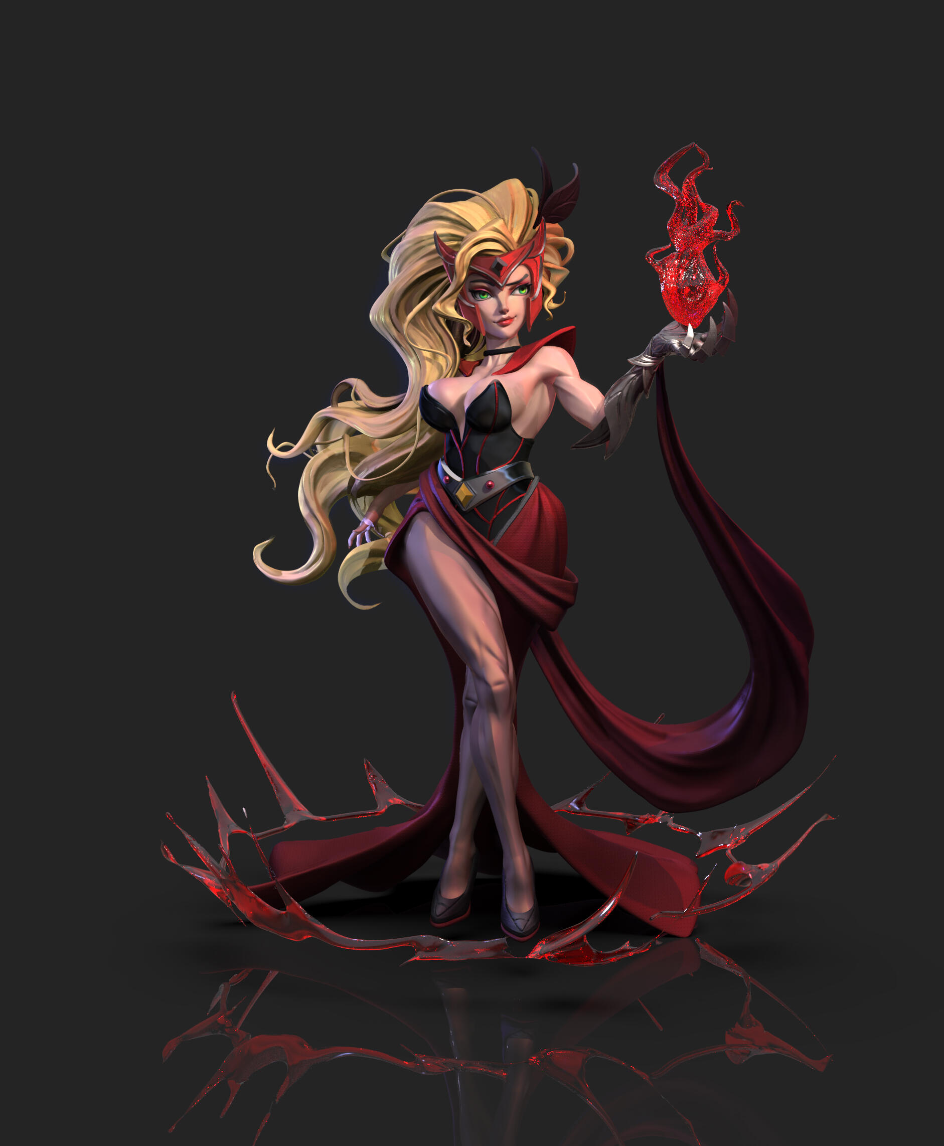 红女巫这个漫威英雄,想让她有套类似晚礼服的套装,所以设计了这个造型