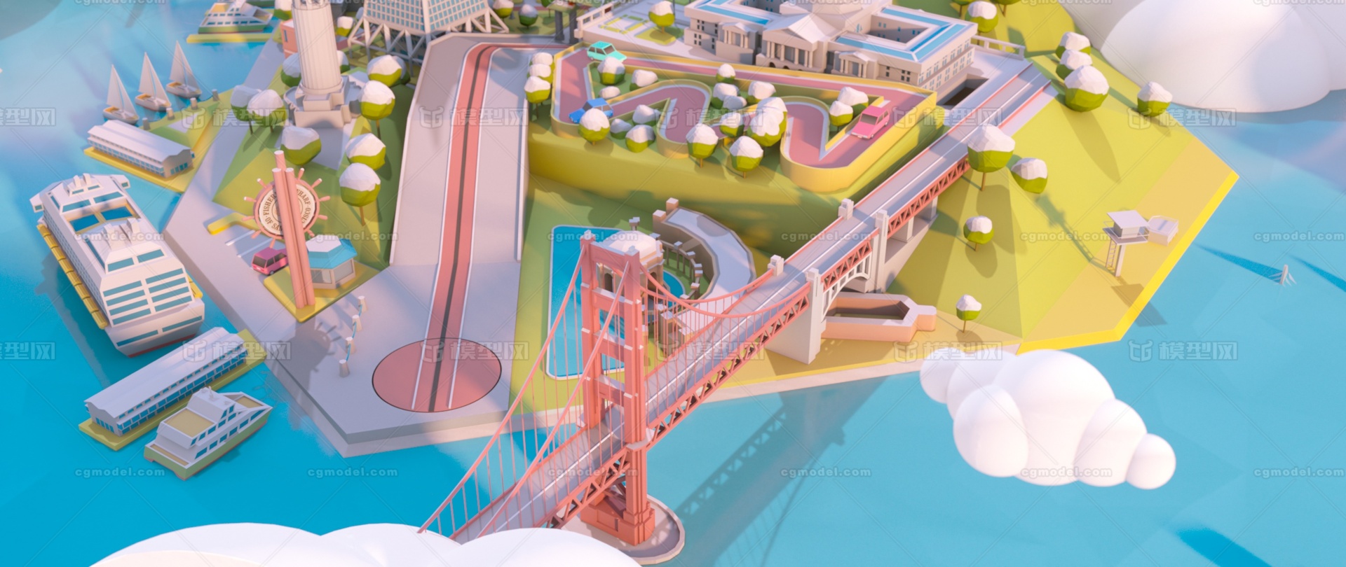 城市,动画场景,城市沙盘,海滨城市,城市交通,游轮,跨海大桥,cbd