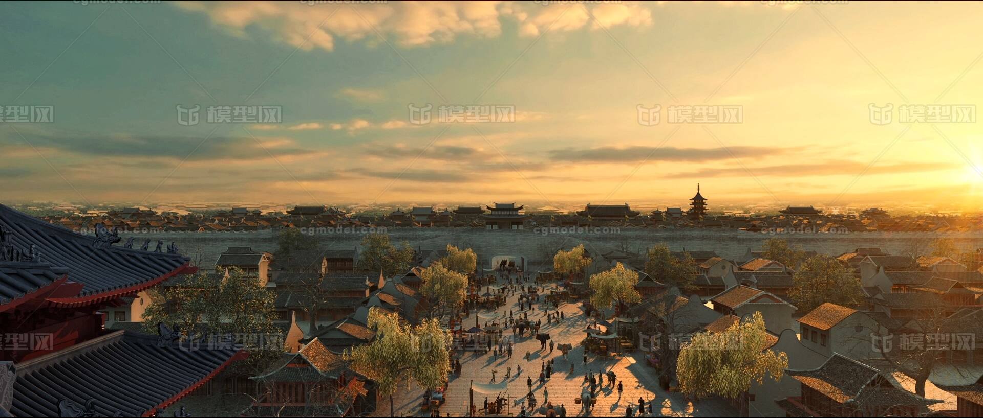 古建 古代商业街 古建筑群 城墙  黄昏动天空 会动古人