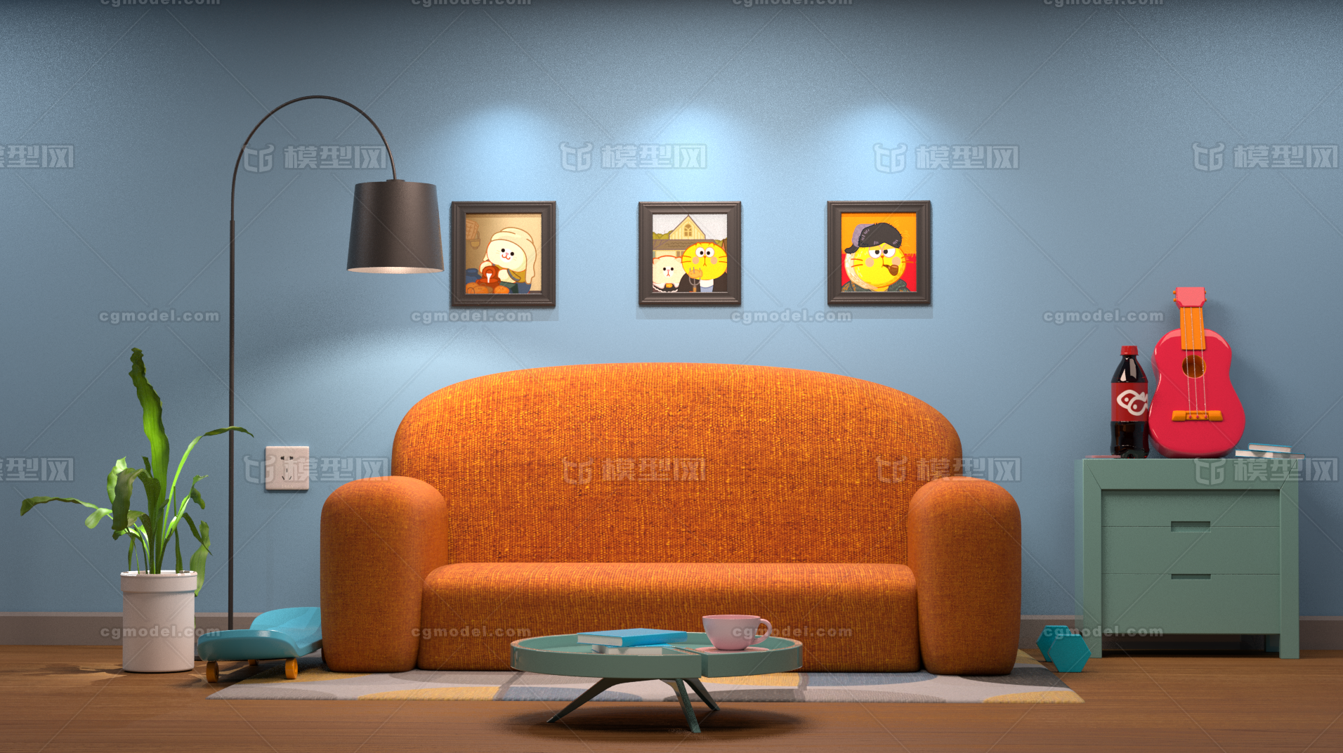 redshift卡通客厅模型,沙发,台灯,可爱,q版