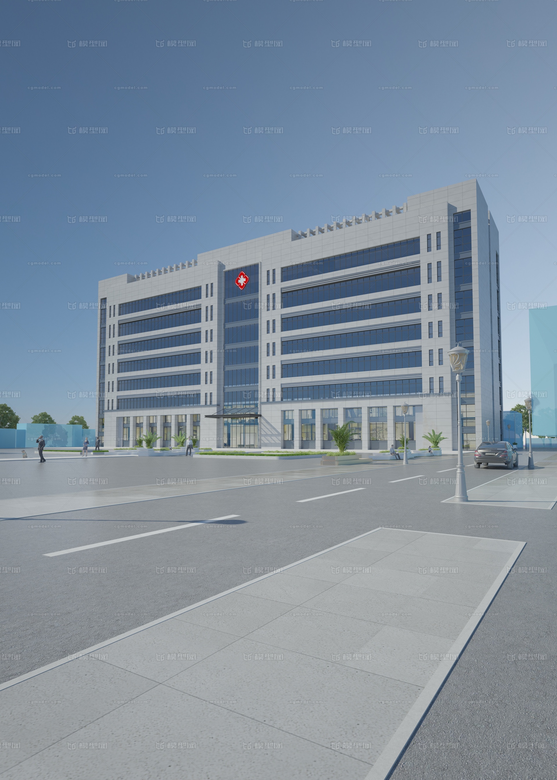 现代医院办公楼 医院广场 医院楼层 路灯_小模型君作品_场景现代场景