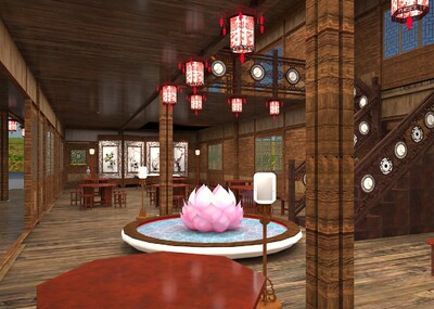 中式 传统建筑 古风 客栈 餐厅 饭店 驿站 饭馆 荷花