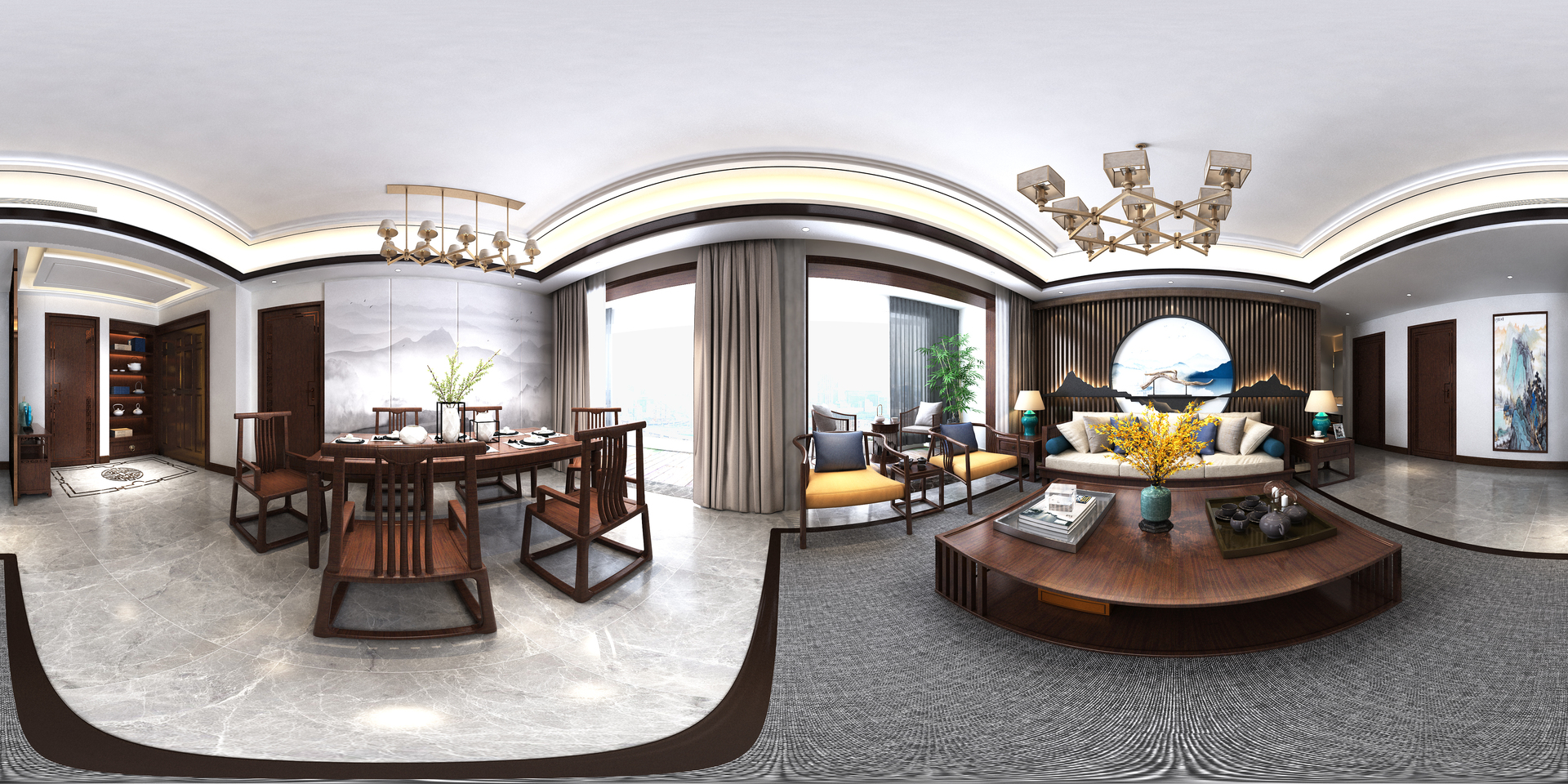 室内中式客餐厅360全景图图