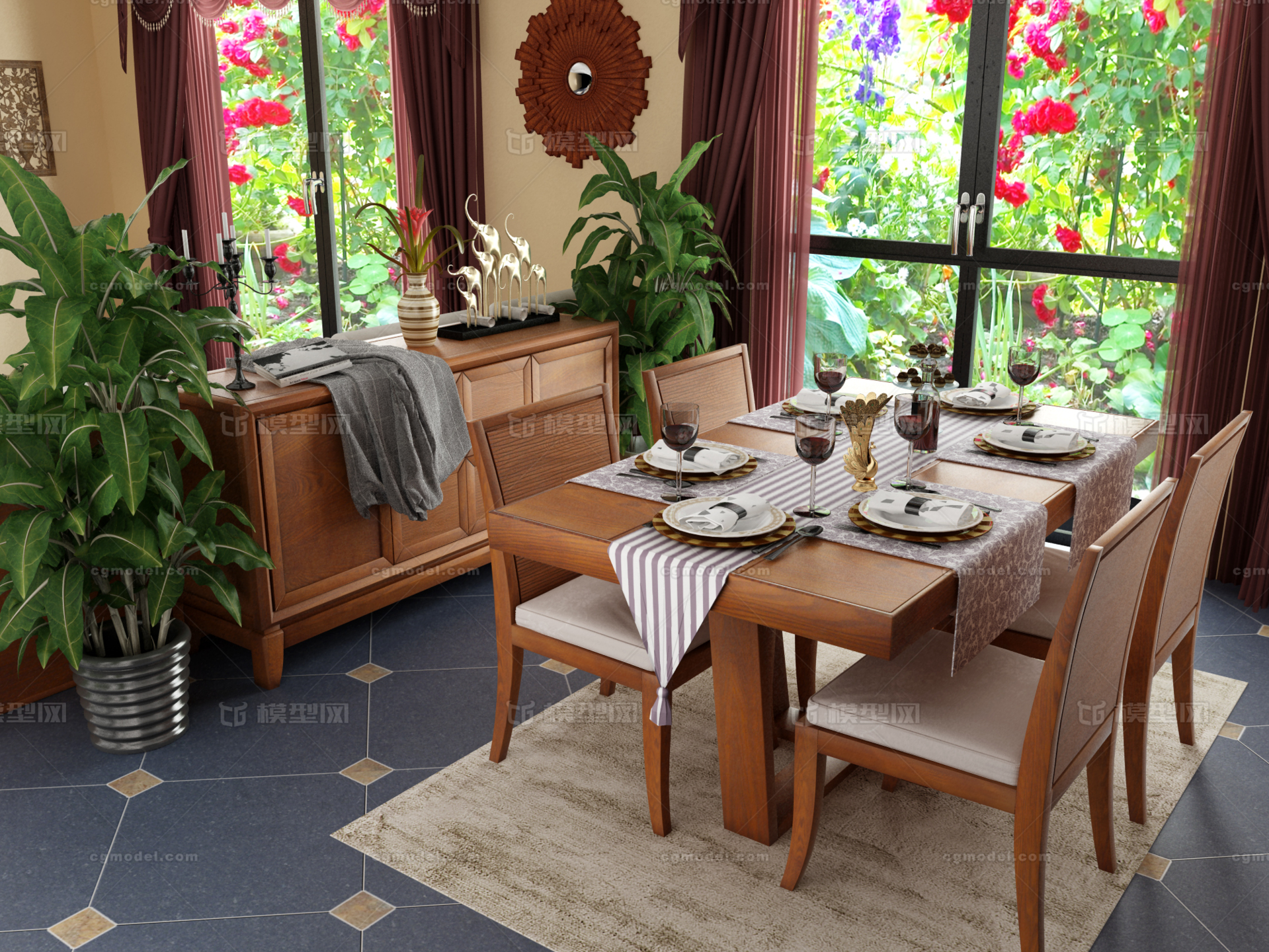 客厅沙发组合餐桌餐具室内植物