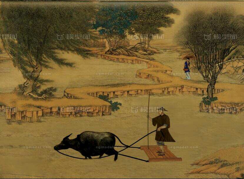古代人物 仿清明上河图 水牛 浮板 耕地 耙耨 妇人 撑伞少模型-女人模型库-3ds Max(.max)模型下载-cg模型网