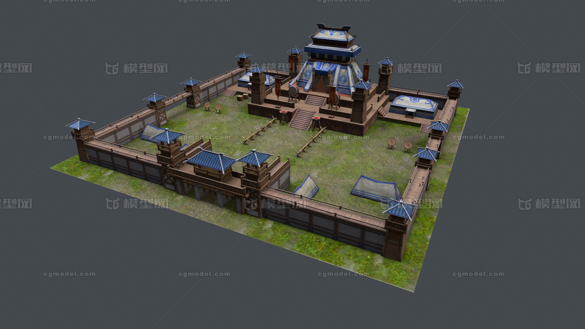 写实 古代军营帐场景 古旗 军营帐篷 鼓 兵器架 兵营 模型-古代场景模型库-3ds Max(.max)模型下载-cg模型网