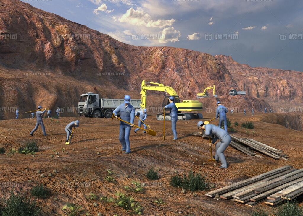 工地工作动画场景 施工 干活 劳动 挖土 荒地 卡车 挖掘机 挖沟机