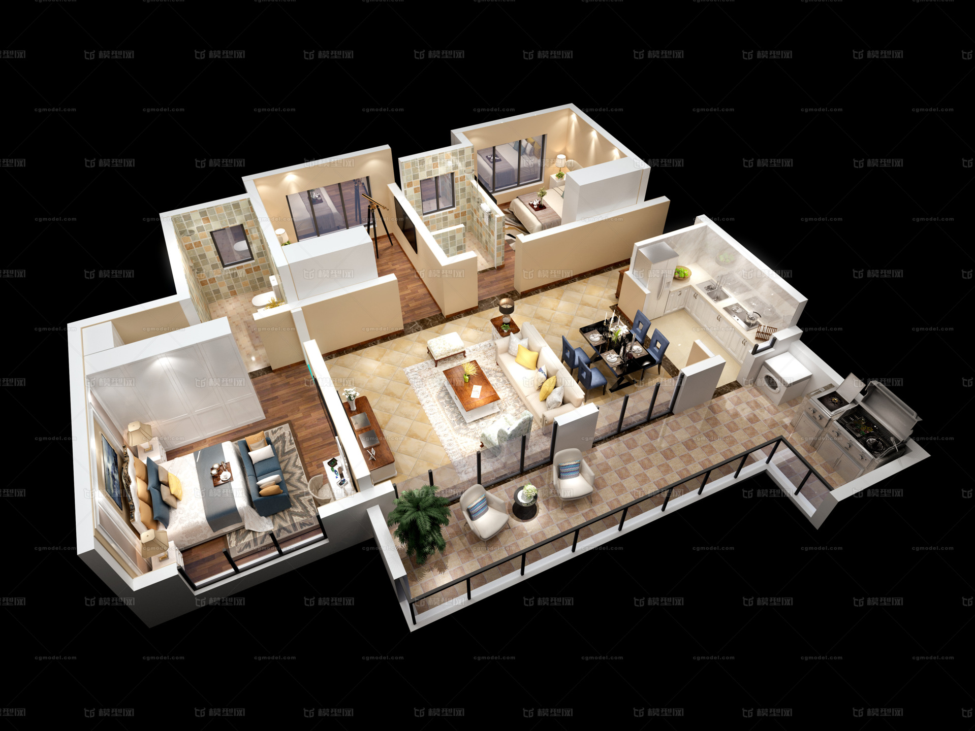 户型图 三室两厅户型图模型-现代场景模型库-3ds Max(.max)模型下载-cg模型网