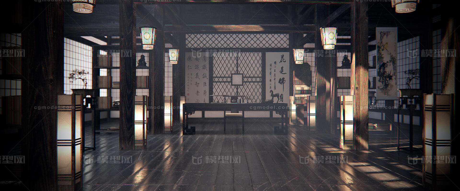 古代书房 中式书房模型-历史建筑模型库-3ds Max(.max)模型下载-cg模型网