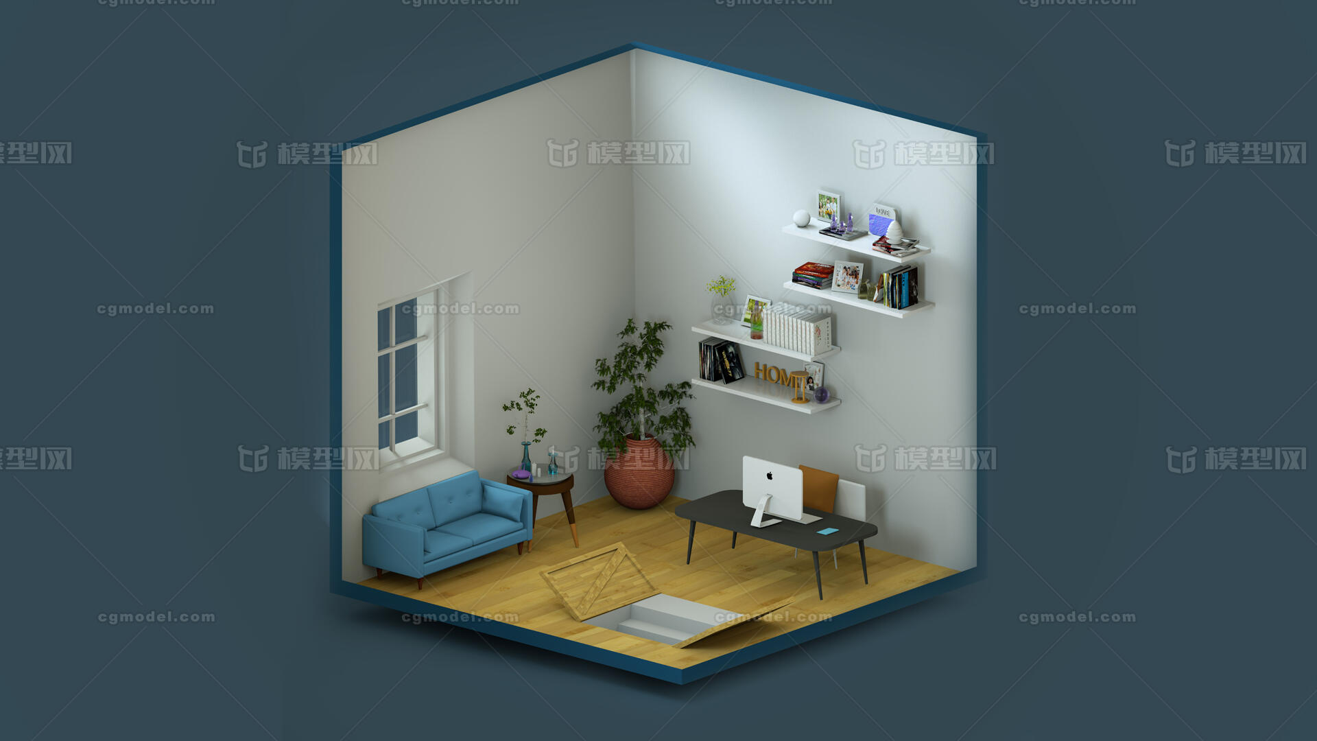 C4D室内模型2.5D风格展示作品带灯光材质贴图模型-现代场景模型库-Cinema 4D(.c4d)模型下载-cg模型网