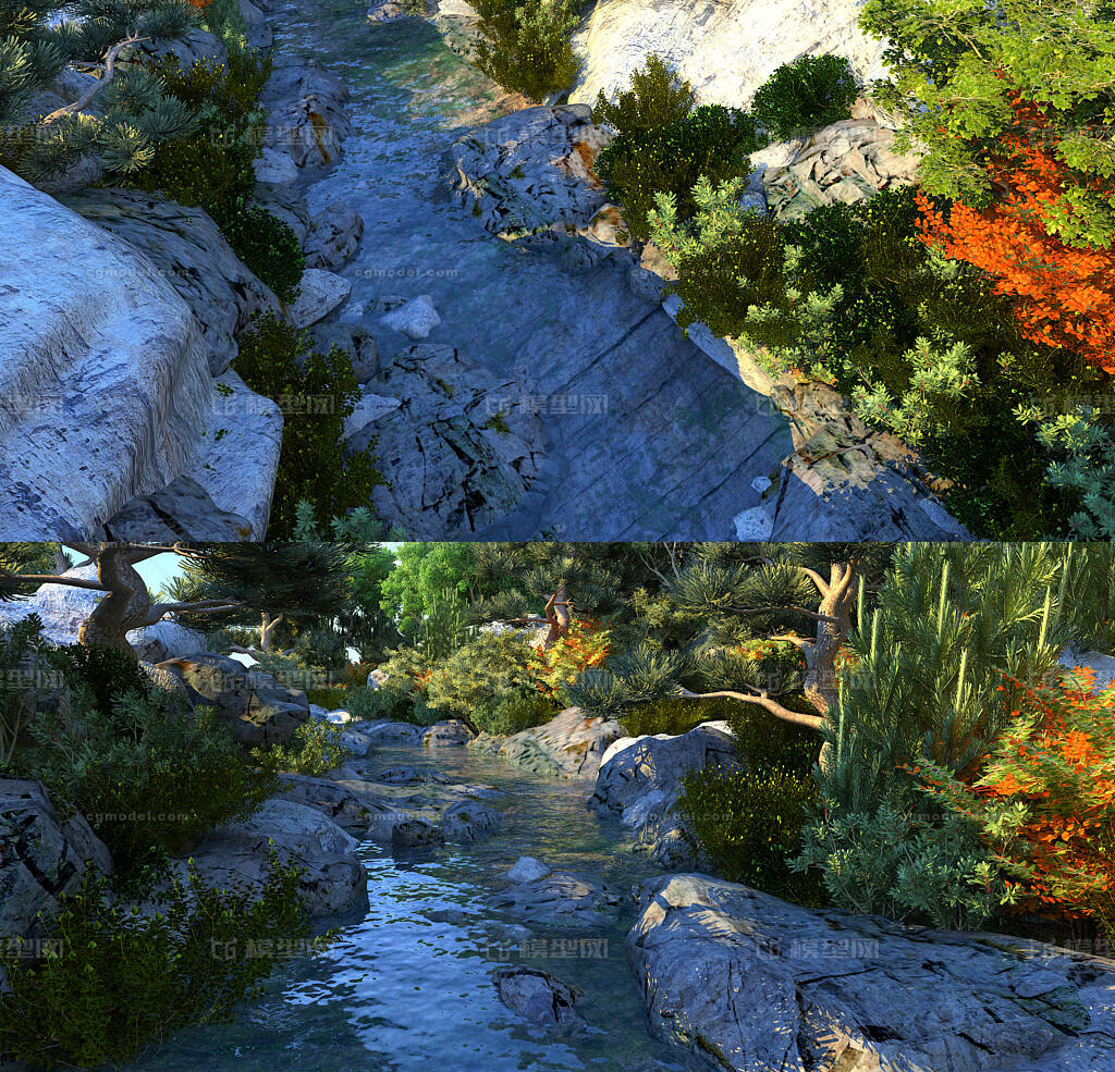 岩石 水库 河流穿梭镜头 野生小溪 生态水景 水景 森林小溪动画场景