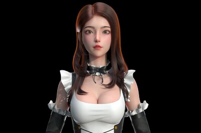 虚拟偶像 美型女仆 带绑定女角色 长发人物渲染模型-女人模型库-maya