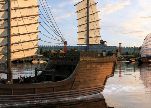 场景动画模型,古代城墙,古代运河,古代运船,古代码头