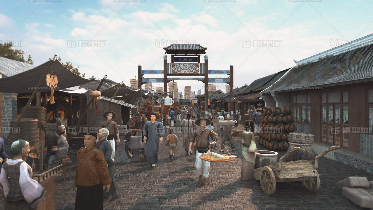 古代集市街道古城建筑清朝人商铺商贩 摆摊模型-古代场景模型库-3ds Max(.max)模型下载-cg模型网