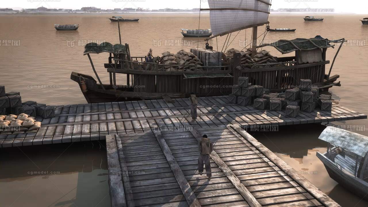 码头 港口 清朝运粮船 古代货船 黄河上的货船 清朝人 苦力 搬货 运粮