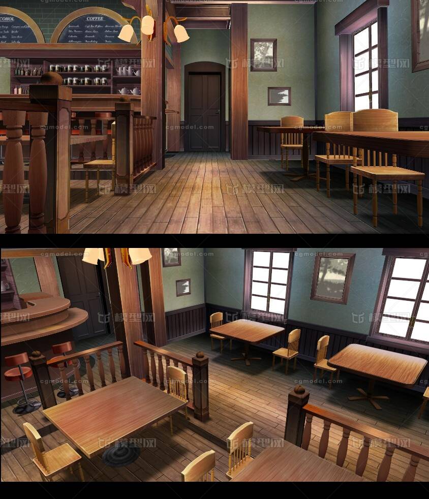 手绘动漫卡通二次元室内小酒馆咖啡店 mmd模型-现代场景模型库-Cinema 4D(.c4d)模型下载-cg模型网