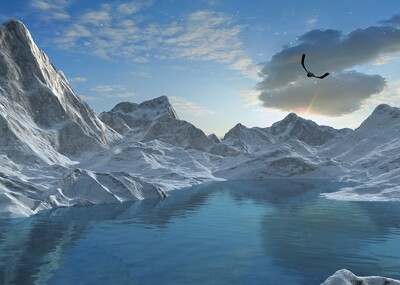 写实雪山湖水鹰动画场景 阿尔卑斯 喜马拉雅 雪域高原 山脉 山峰 鹰