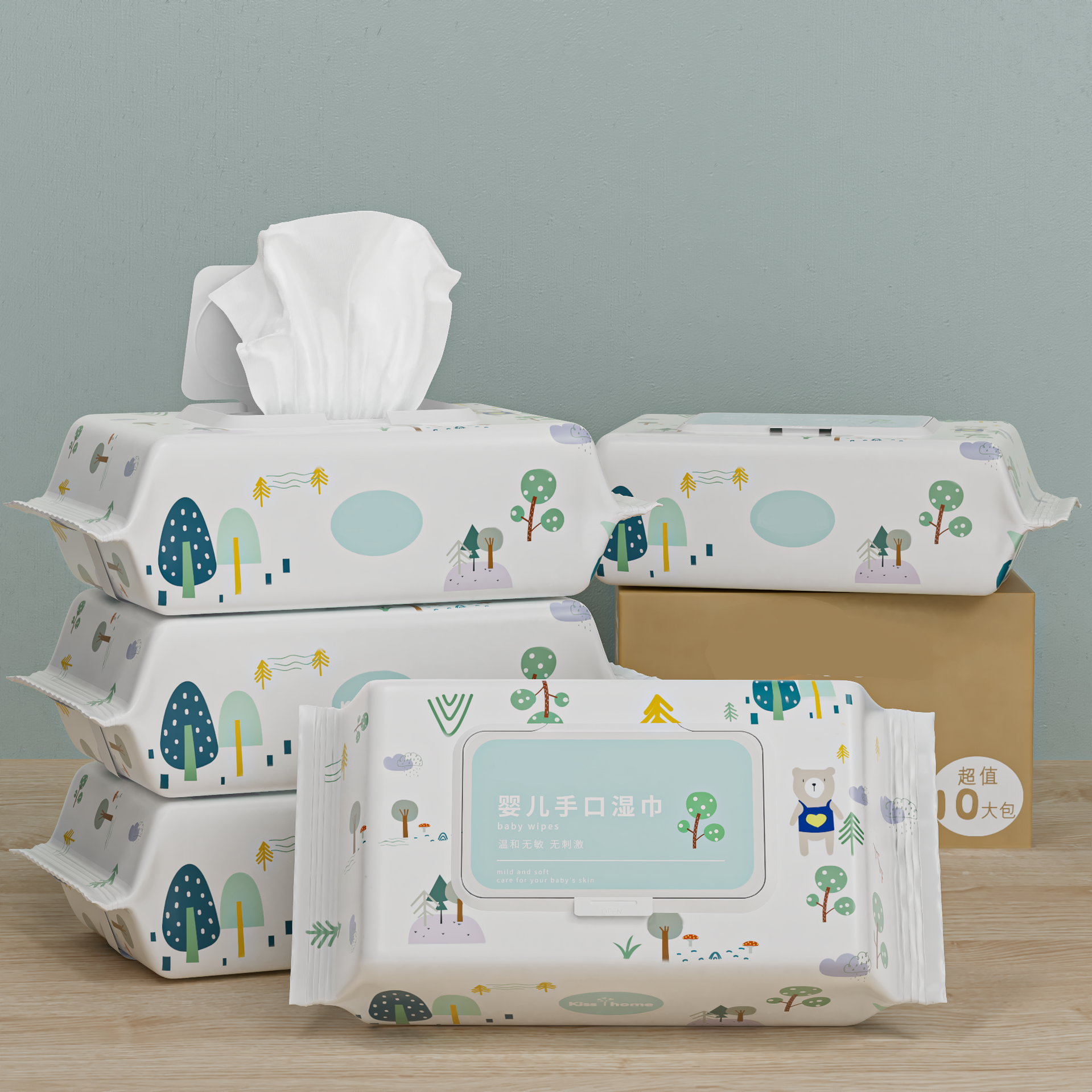 母婴儿童湿纸巾包装渲染