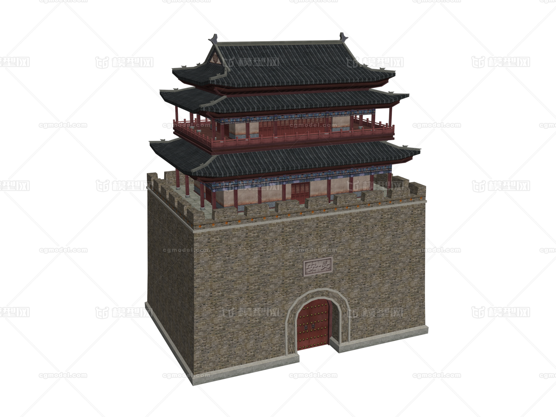 中式古建筑城门城楼 武侠游戏模型模型-历史建筑模型库-3ds Max(.max)模型下载-cg模型网