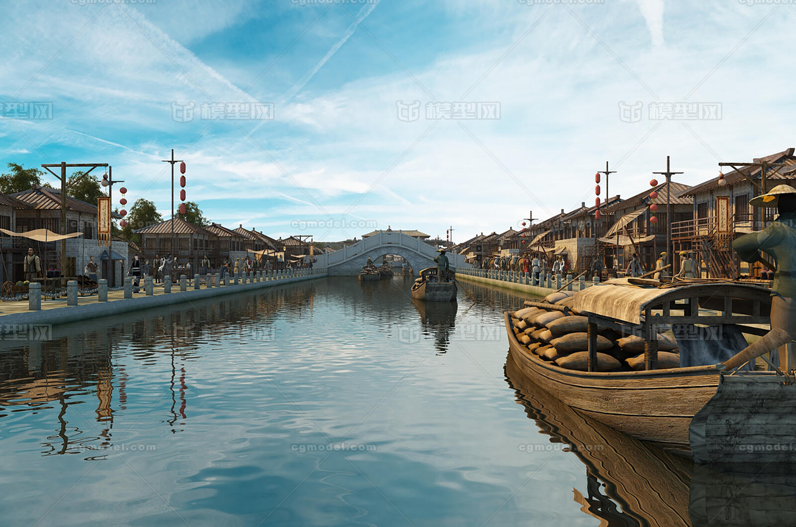 古代河道运河古建河景城池街道古代场景水景商业街模型-古代场景模型库-3ds Max(.max)模型下载-cg模型网