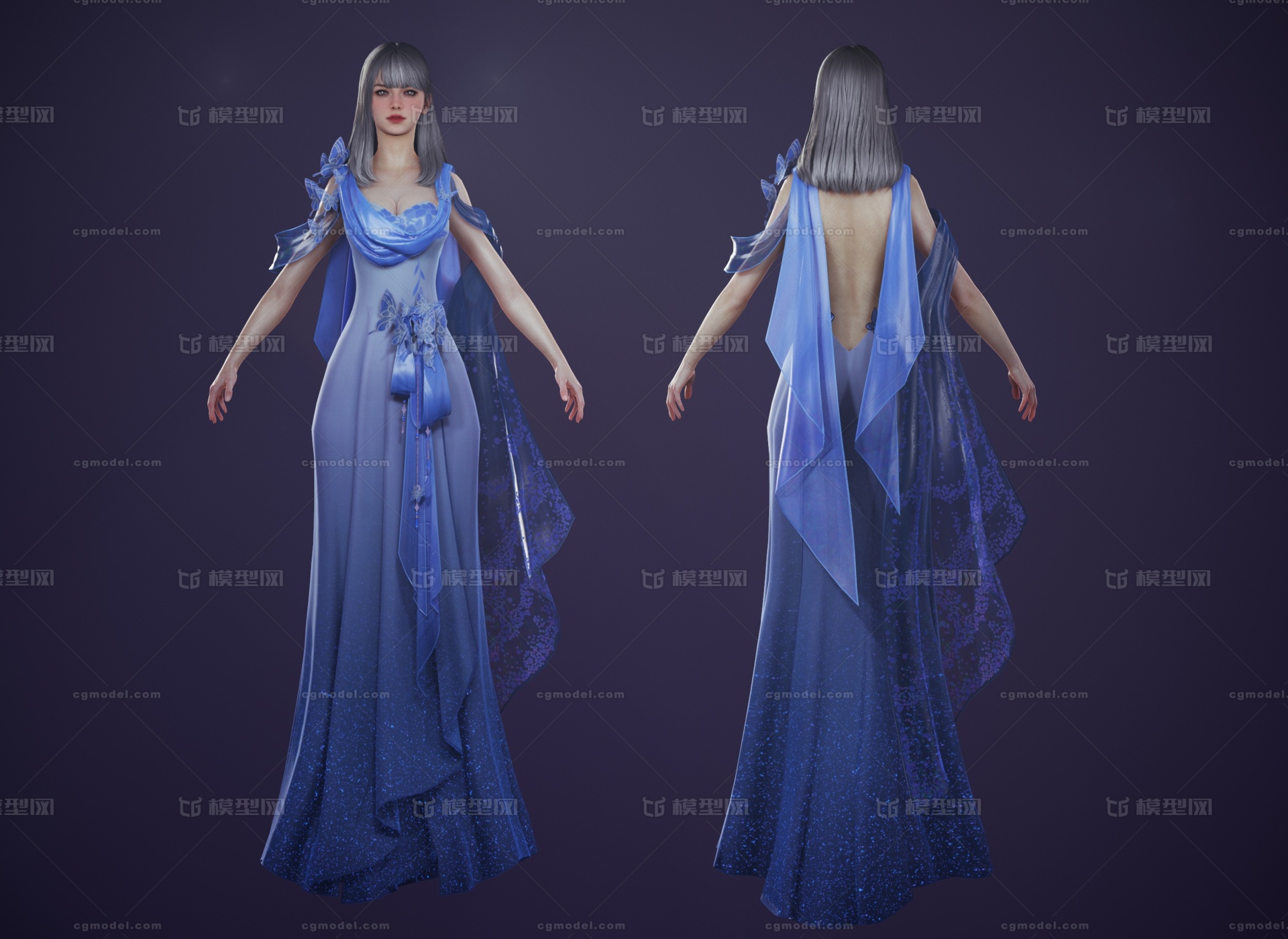 次世代pbr晚礼服露背装婚纱薄纱古装汉服抹胸美女神仙子裹胸女王长裙