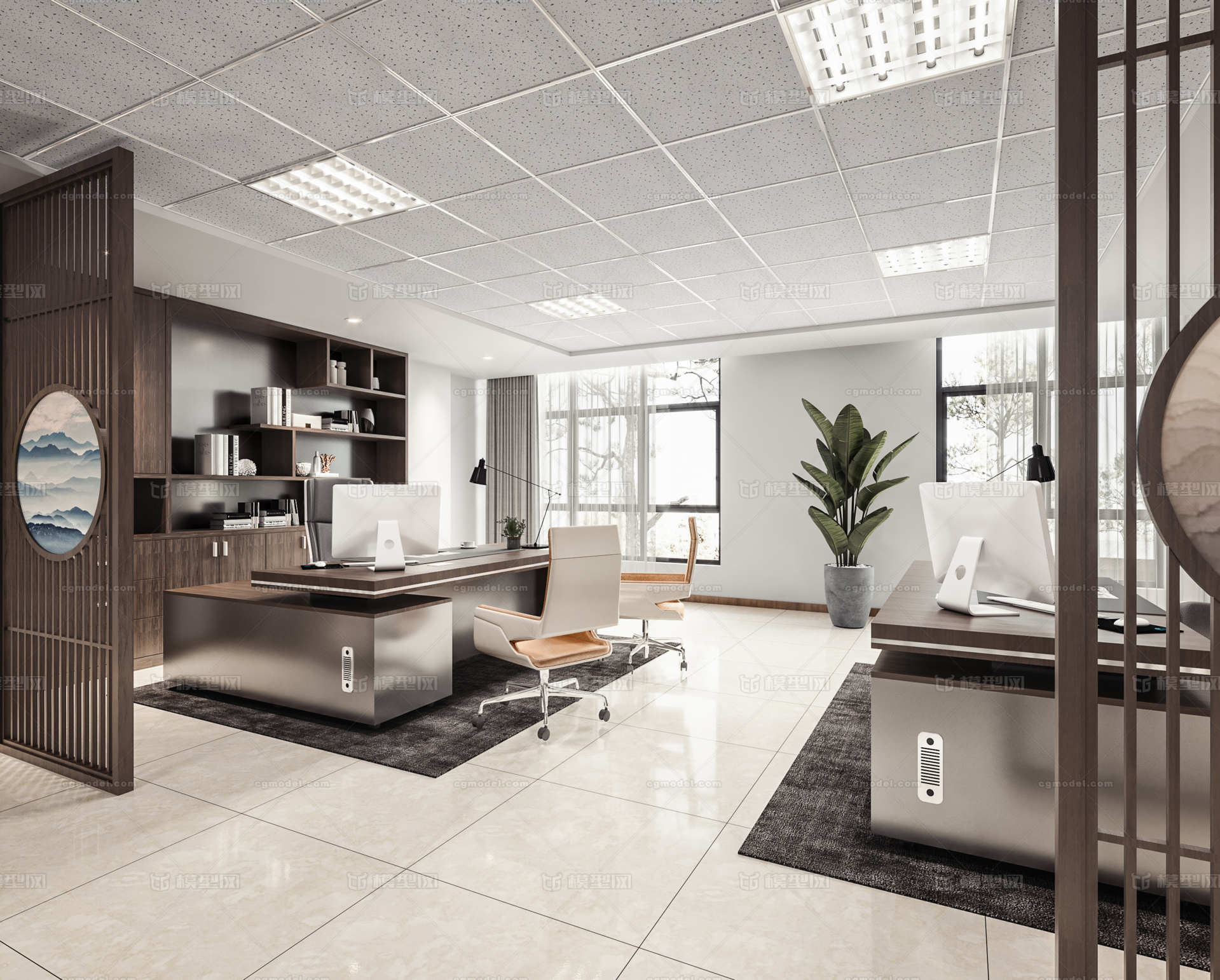 新中式老总办公室 总经理办公室模型-办公空间模型库-3ds Max(.max)模型下载-cg模型网