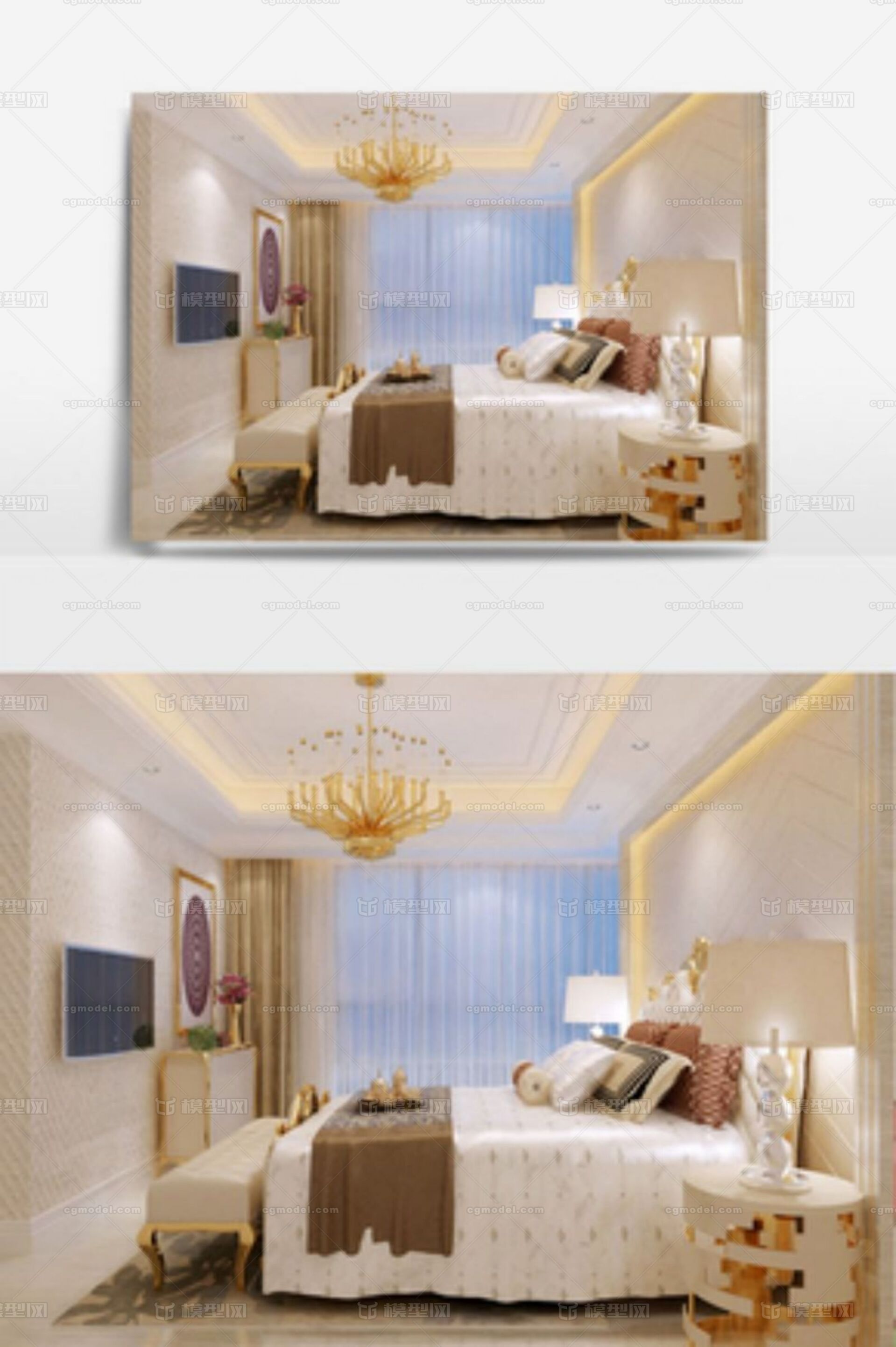 奢华简欧卧室效果图 现代 北欧 新中式 装饰模型-客厅模型库-3ds Max(.max)模型下载-cg模型网