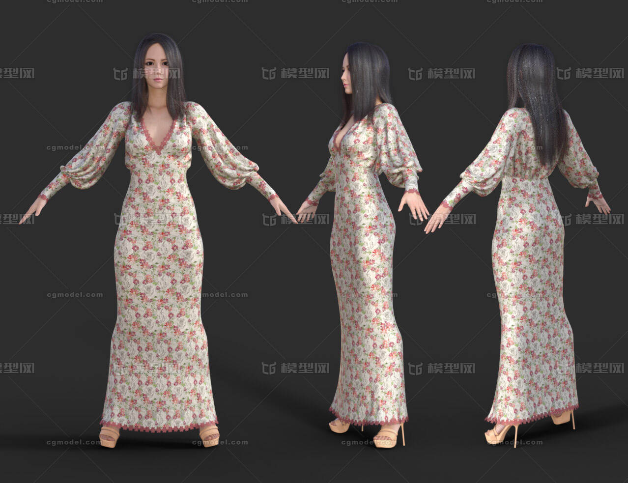 连衣长裙 性感裙子美女模型-女人模型库-Maya(.ma/.mb)模型下载-cg模型网