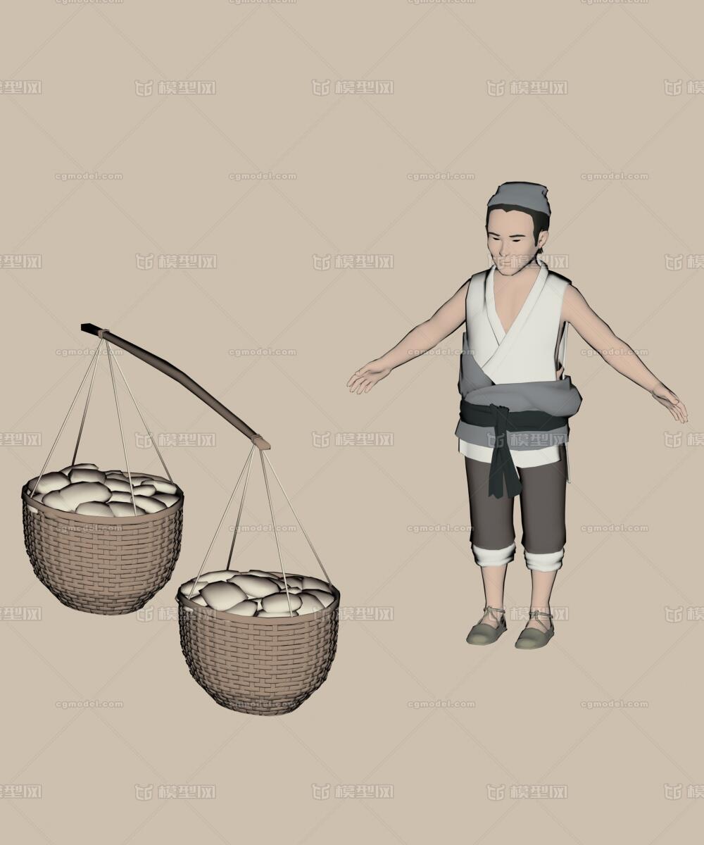 古代挑担 古代挑夫模型-男人模型库-3ds Max(.max)模型下载-cg模型网