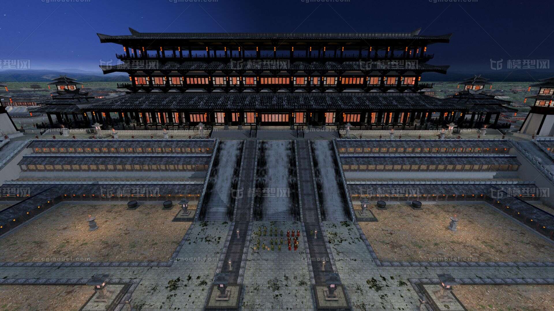 GDCJ-021汉朝夜景长安城宫殿未央宫宫女太监文武百官上朝模型-古代场景模型库-3ds Max(.max)模型下载-cg模型网