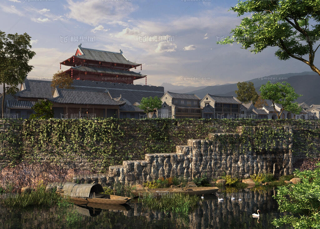 写实古代建筑河流场景 古城模型-古代场景模型库-3ds Max(.max)模型下载-cg模型网