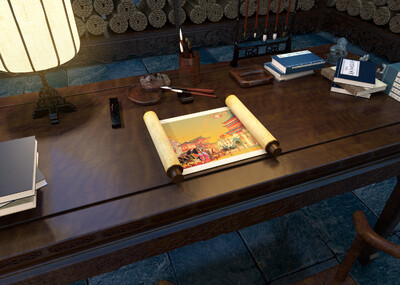 书房卷轴画打开动画场景 画卷 长卷画 书桌 画轴 圣旨 古书籍 墨盘