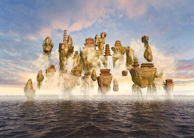 海面悬浮山 空中漂浮岛屿 古建海岛 空中阁楼 天空之城 天宫 悬浮石头