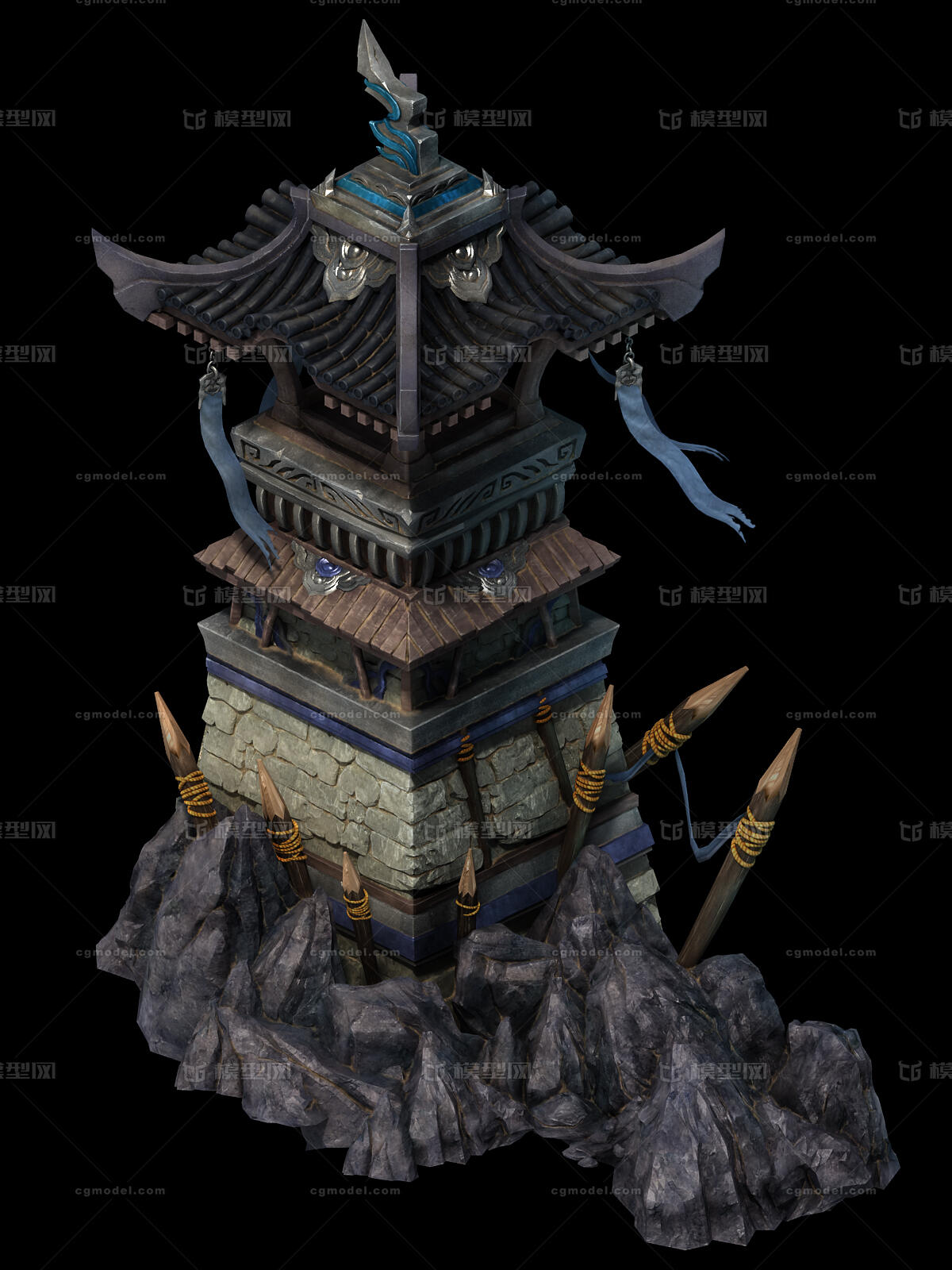 三渲二 高品质精度 墙体 古建筑 建筑 塔楼 防御塔模型-场景部件模型库-3ds Max(.max)模型下载-cg模型网