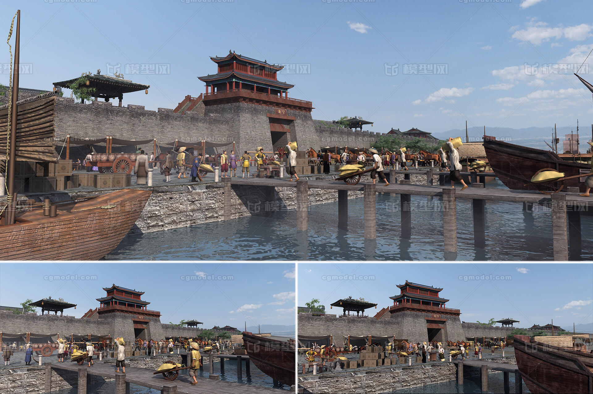 写实繁华古代集市港口码头 古代人物模型-古代场景模型库-3ds Max(.max)模型下载-cg模型网