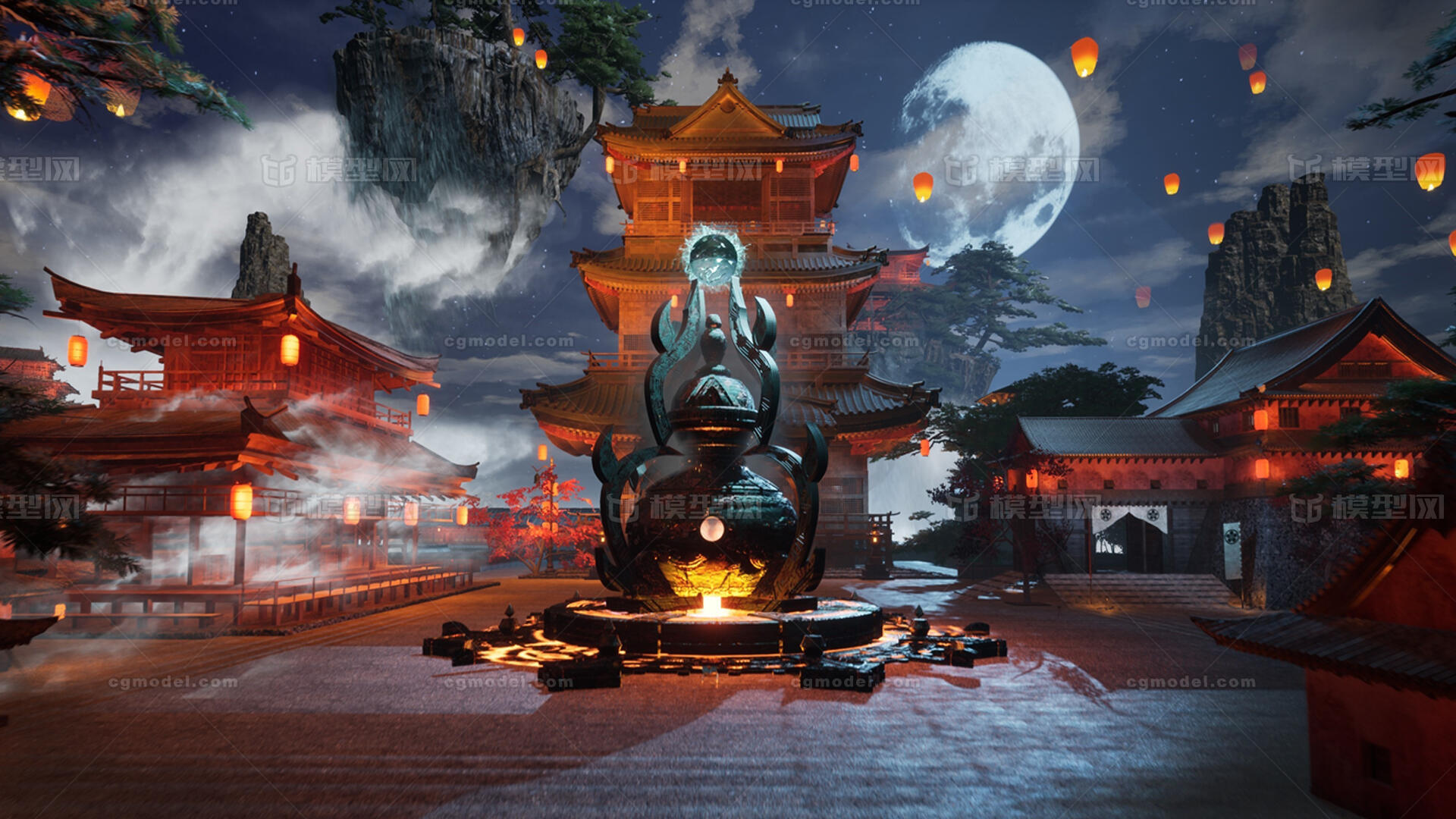 UE5虚幻4独家自制仙侠风古风夜景戊时中式古风建筑群宫殿群天模型-科幻建筑模型库-Unreal Engine模型下载-cg模型网