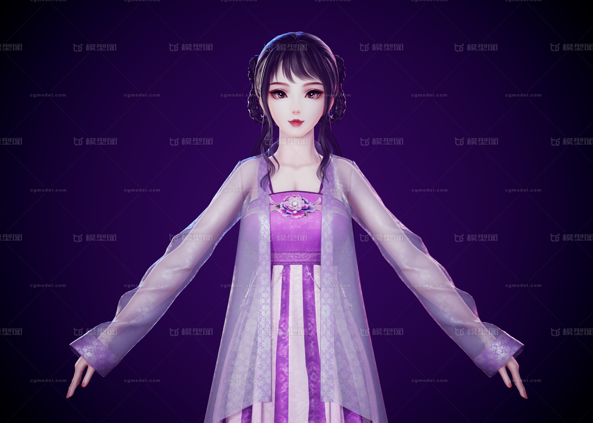 原创次世代素纱襌衣汉服虚拟人 古装宫装公主侍女模型-女人模型库-3ds Max(.max)模型下载-cg模型网