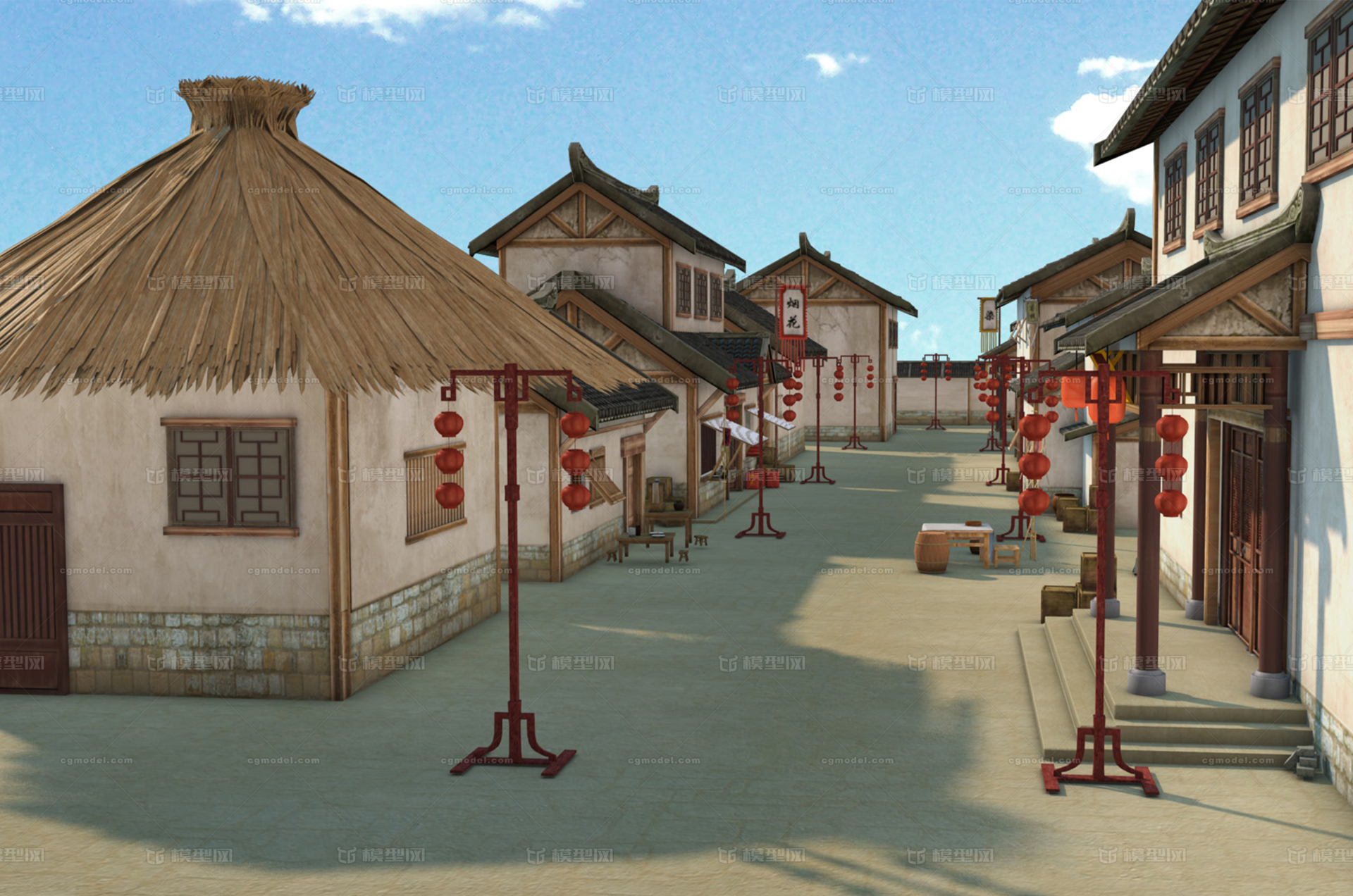 古镇建筑 街道模型-古代场景模型库-Maya(.ma/.mb)模型下载-cg模型网